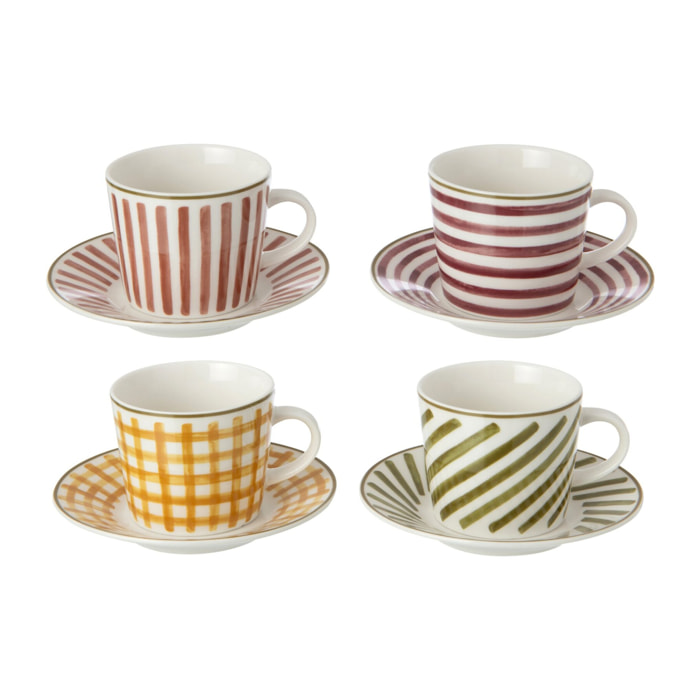 J-Line boîte de 4 tasses et sous-tasses - grès - bordeaux/vert olive - small