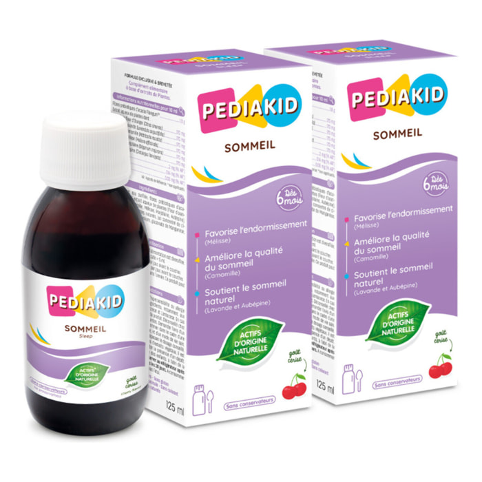 PEDIAKID - Sirop Sommeil - Complément Alimentaire Naturel - Formule Exclusive au Sirop d'Agave - Améliore la Qualité du Sommeil - Favorise l'Endormissement - Arôme Cerise - Lot de 2 sirops 125ml