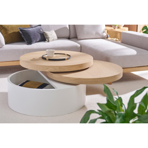 Table basse ronde avec plateaux pivotants et rangement blanc et bois clair chêne D80 cm ICON