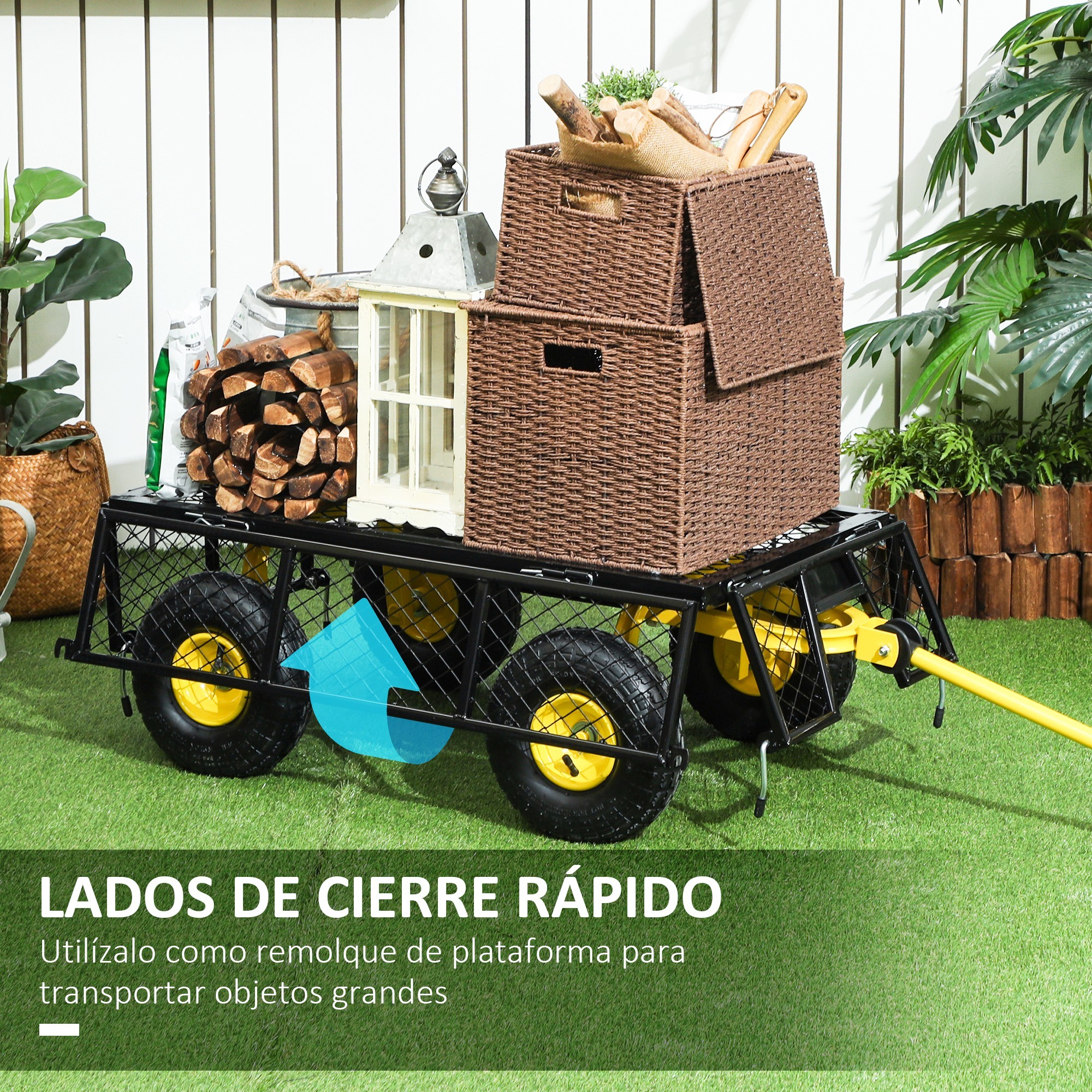 Carro de Jardín Basculante Carga 200 kg Carro para Playa con Paneles Laterales Desmontables Mango Giratorio de 180° y 4 Ruedas Neumáticas Grandes de Goma Negro y Amarillo