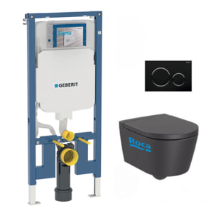 Pack WC Bati-support Geberit UP720 extra-plat + WC Roca Inspira onyx compacte sans bride + Abattant + Plaque noire chrome