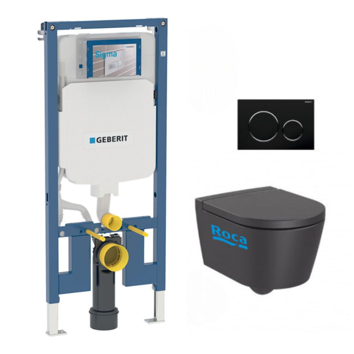 Pack WC Bati-support Geberit UP720 extra-plat + WC Roca Inspira onyx compacte sans bride + Abattant + Plaque noire chrome