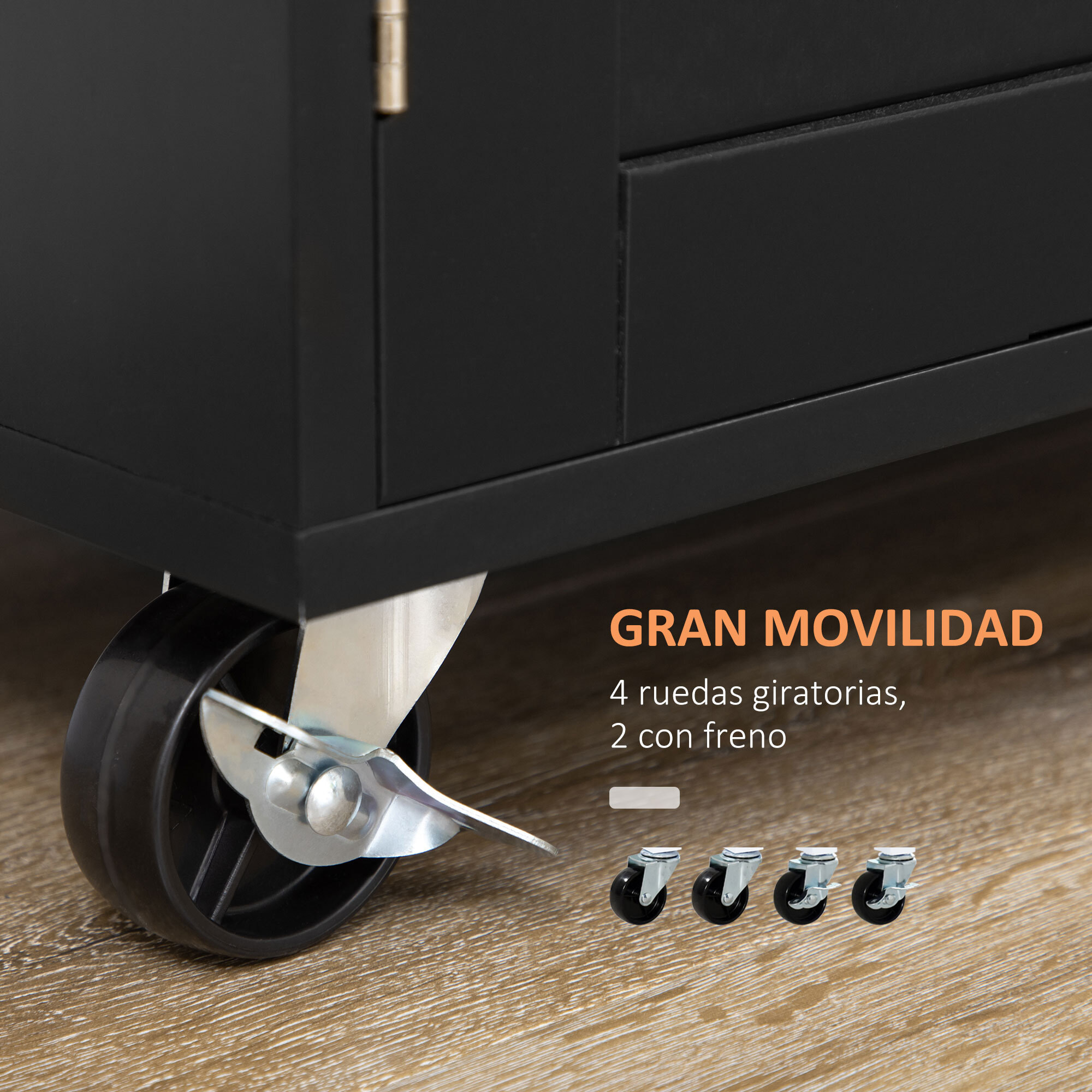 Carrito de Cocina con Armario con Puertas y Estante Interior Ajustable Cajón Barra y Especiero Móvil Aparador Auxiliar con Ruedas para Comedor 109x40x89 cm Negro