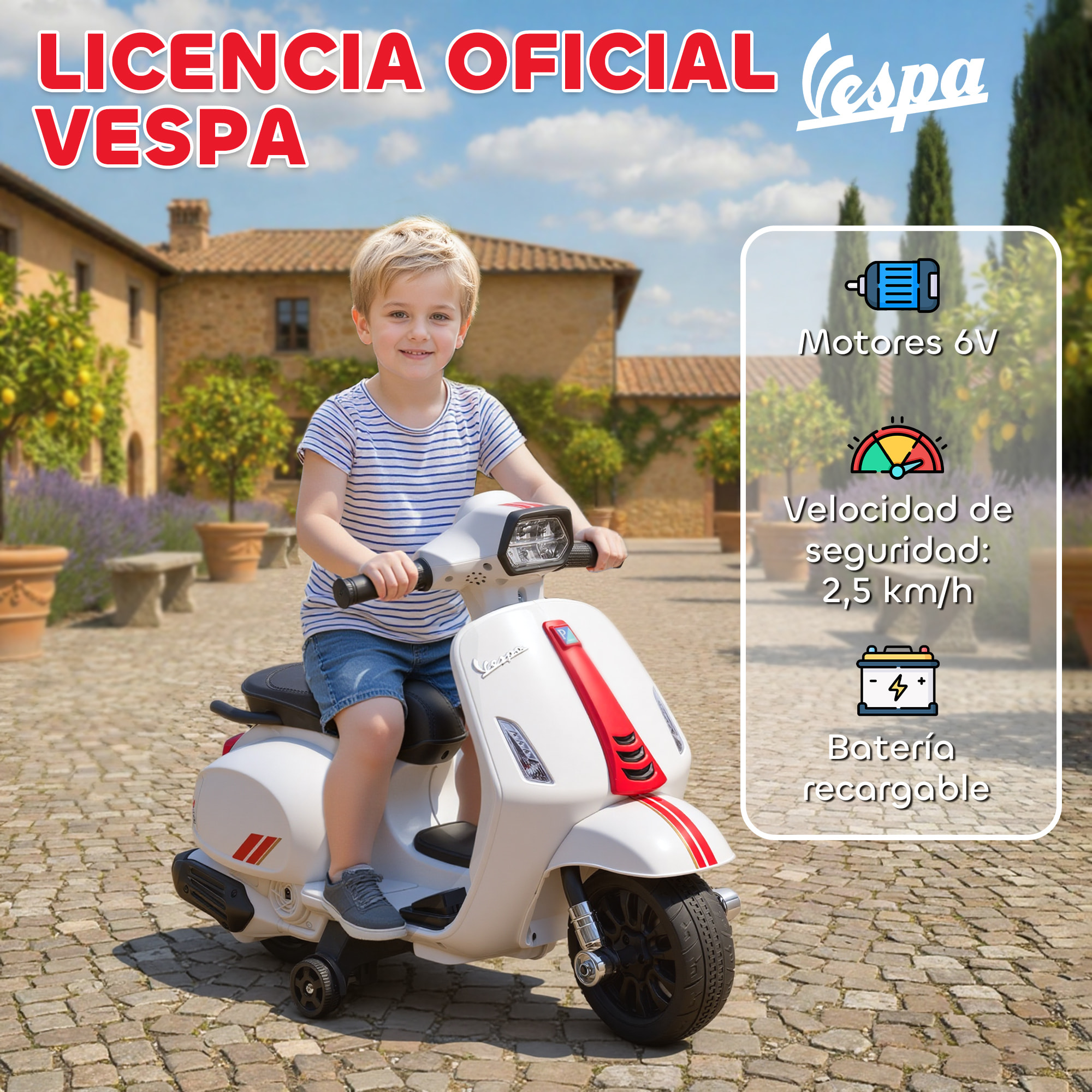 Moto Eléctrica para Niños 6V con Licencia Vespa, Moto Eléctrica Infantil con Ruedas Auxiliares de 6,9'', Velocidad de 2,5km/h, Faro y Bocina, para Niños de 2-6 Años, Blanco