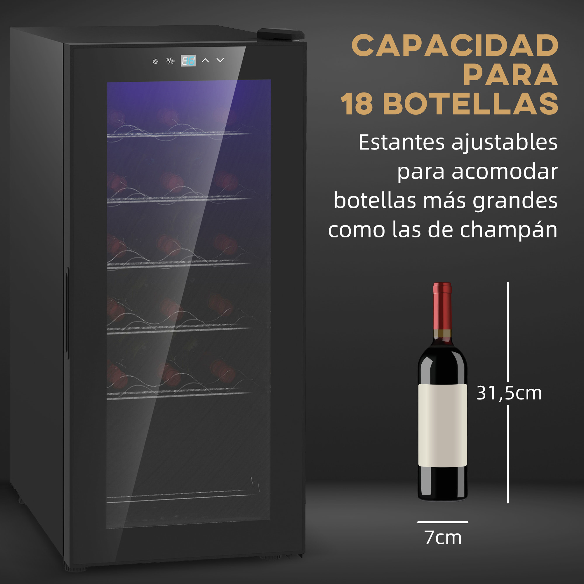 Nevera Vinos 18 Botellas 50L Vinoteca con Luz LED Interior Pantalla Táctil Digital Control de Temperatura Puerta de Vidrio y 5 Estantes de Metal Negro