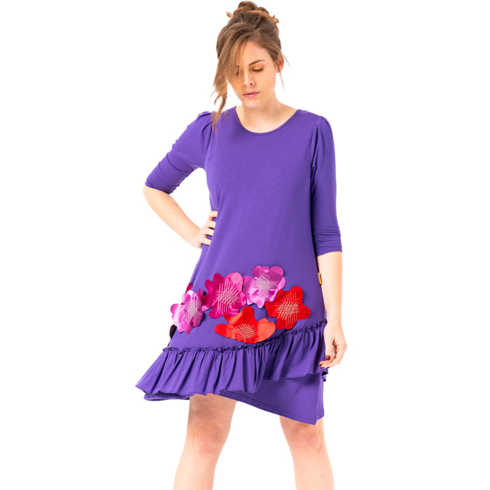 Mamatayoe Armonía. Vestido Corto de Mujer con Volantes y Detalles  Bordados de Color Morado para Otoño Invierno. Vestido Fluido de Manga Tres Cuartos de Estilo Elegante y Casual.