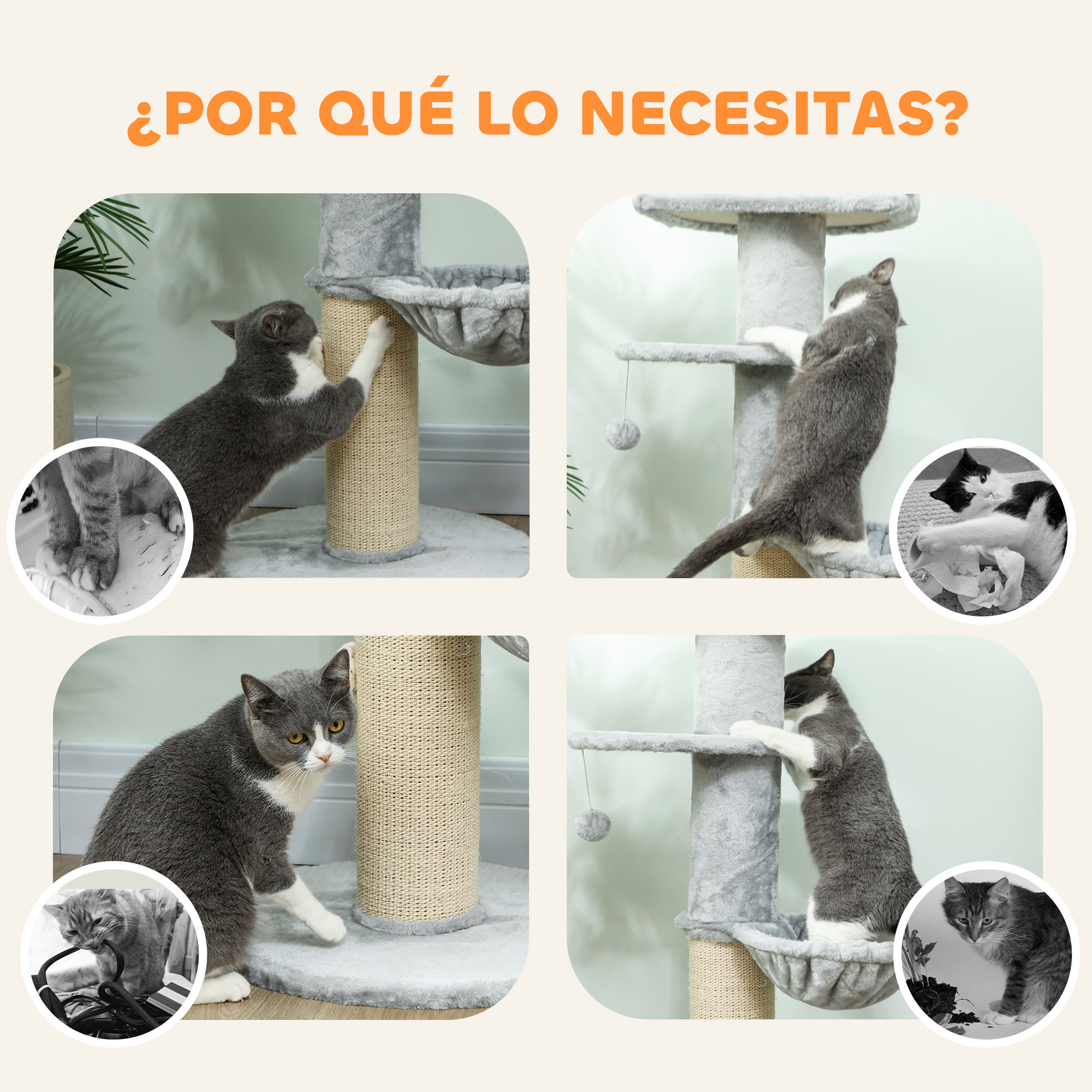 Árbol Rascador para Gatos, Árbol para Gatos 103,5 cm, Torre Escalador con Cama, Hamaca, Plataforma, Poste de Sisal Extra Grueso, Bola Colgante, Gris Claro