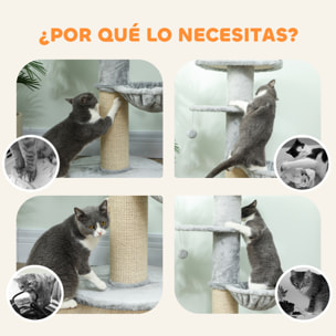 Árbol Rascador para Gatos, Árbol para Gatos 103,5 cm, Torre Escalador con Cama, Hamaca, Plataforma, Poste de Sisal Extra Grueso, Bola Colgante, Gris Claro