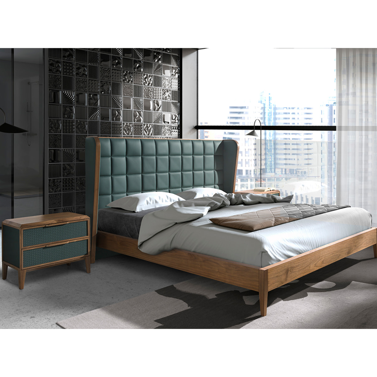 Mesita de noche Angel Cerdá con estructura de PVC en verde oscuro y patas de madera chapada en nogal natural 60x40x51cm