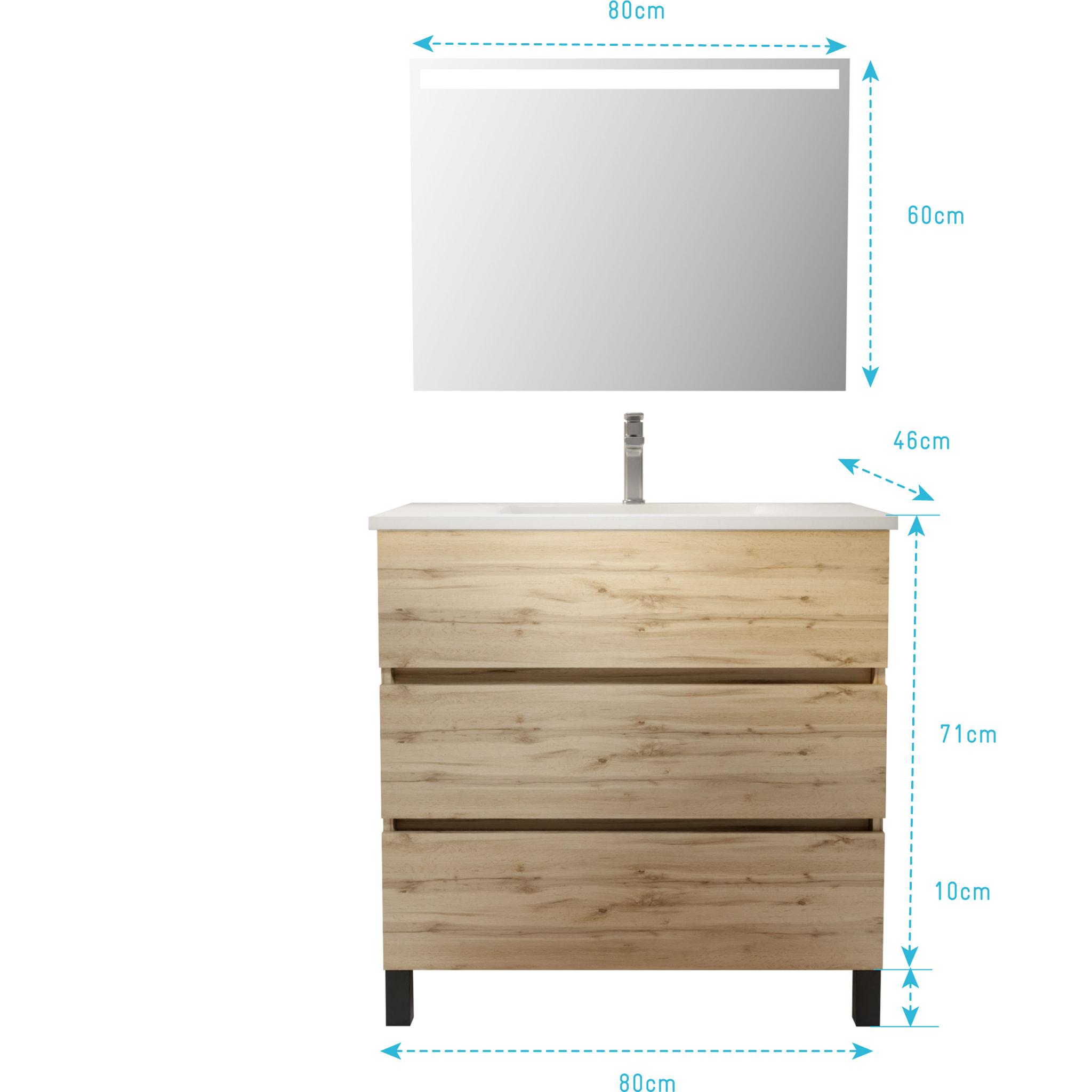 Pack Meuble SDB 80cm sur pieds 3 tiroirs Chene_Vasque blanche + Miroir Led - TIMBER 80_Pack46