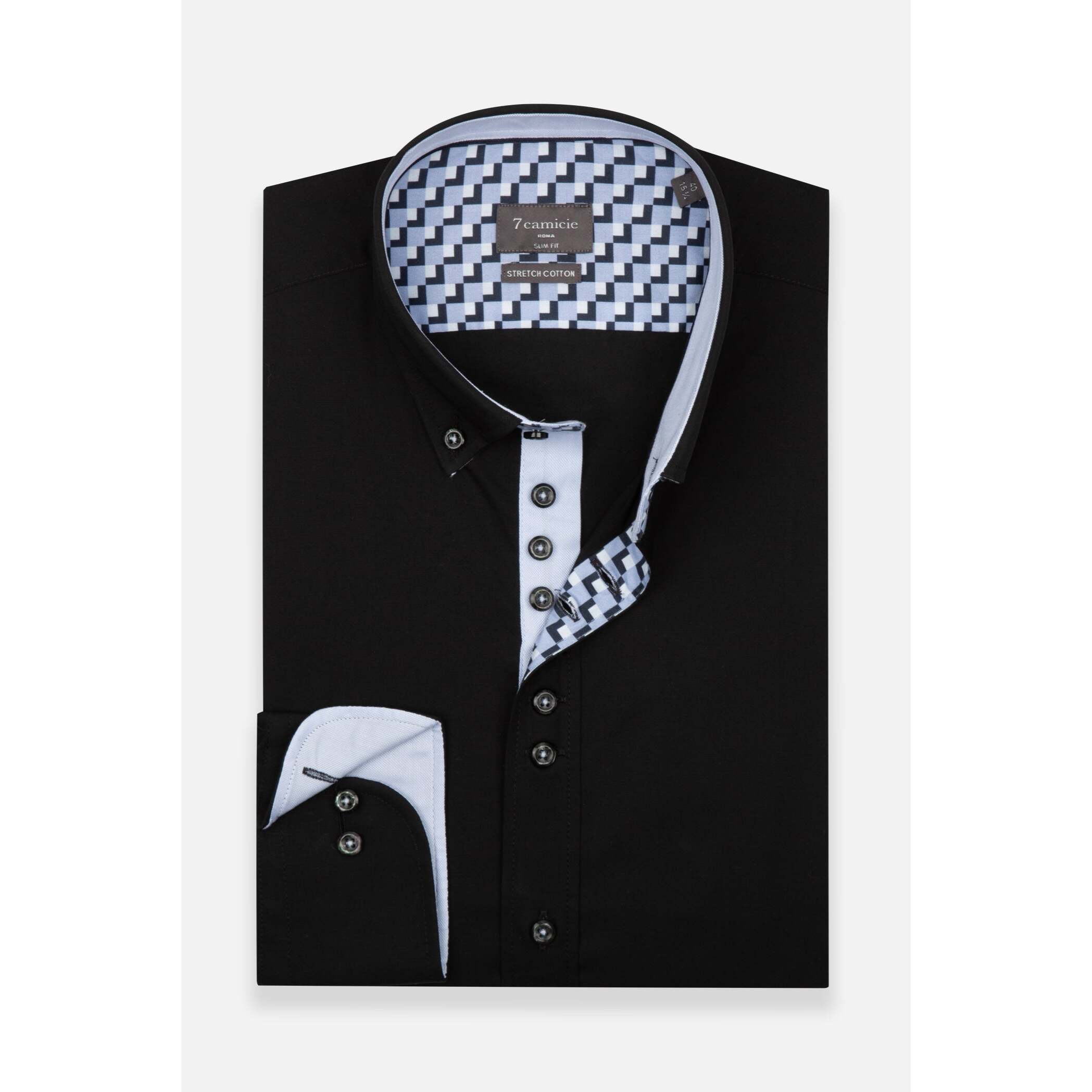 Camicia Uomo 1 Bottoni Button Down Slim Popeline Stretch Unito Nero