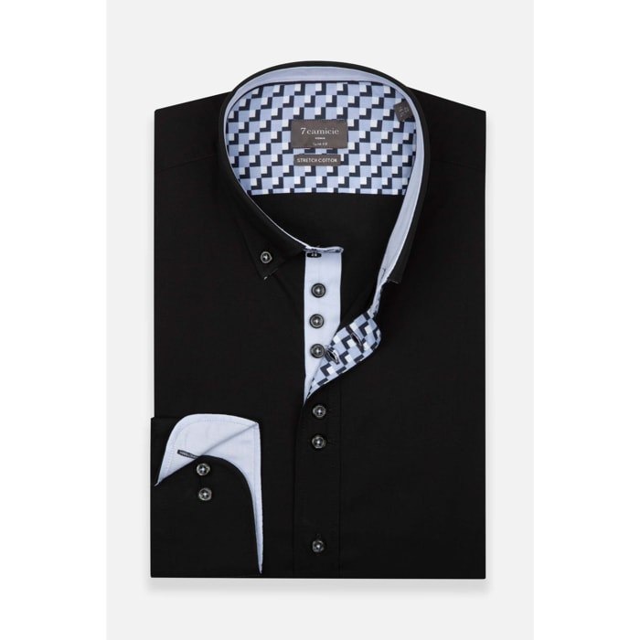 Camicia Uomo 1 Bottoni Button Down Slim Popeline Stretch Unito Nero