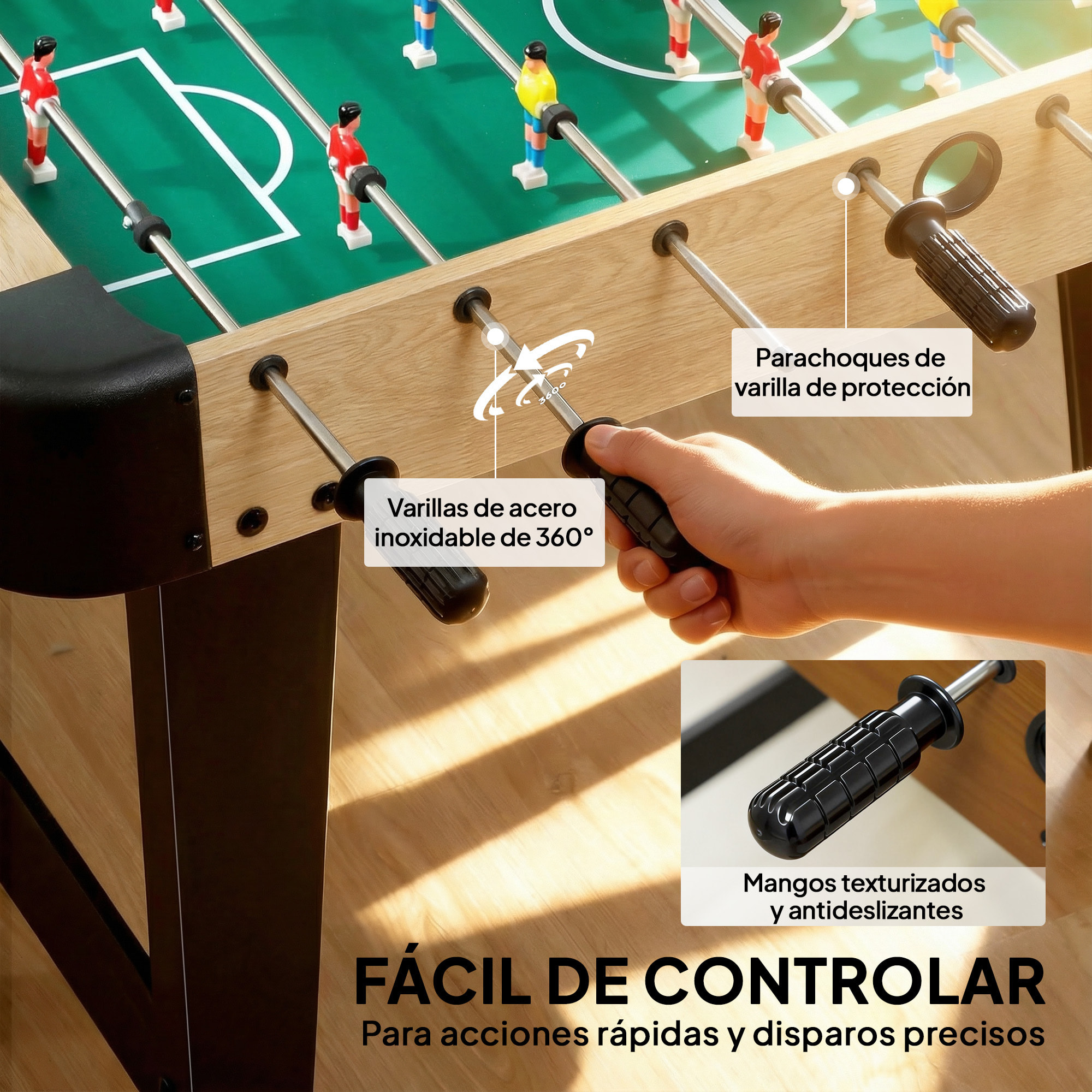 Futbolín para Niños de Madera, Mesa de Futbolín con 2 Marcadores, 8 Asas, 22 Jugadores, 8 Barras y 2 Bolas, Regalo para Adultos, Familias, Fiestas, 92x75x71 cm, Natural