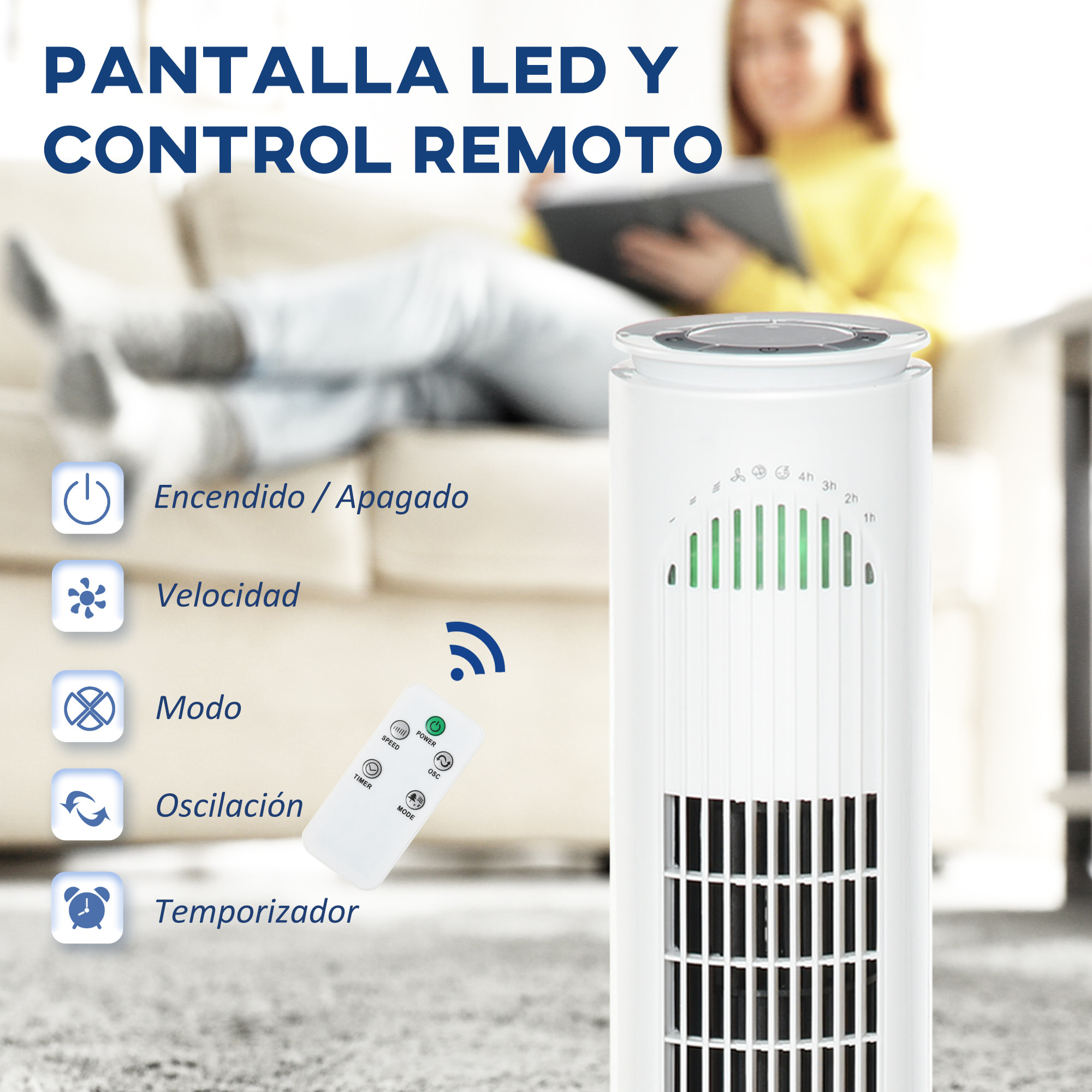 Ventilador de Torre con Mando a Distancia o Control Mecánico Temporizador de hasta 10h Oscilación de 70° 3 Velocidades y 3 Modos 45W Ø22x77 cm Blanco