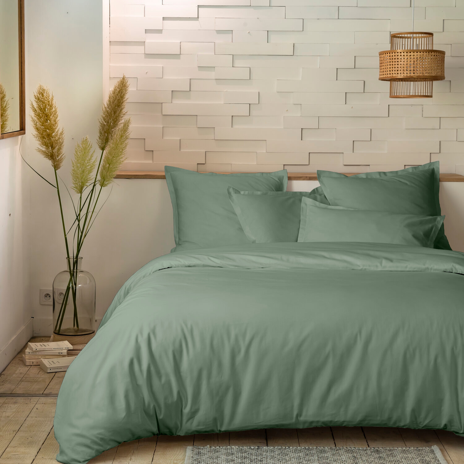 Parure housse de couette percale de coton vert sauge