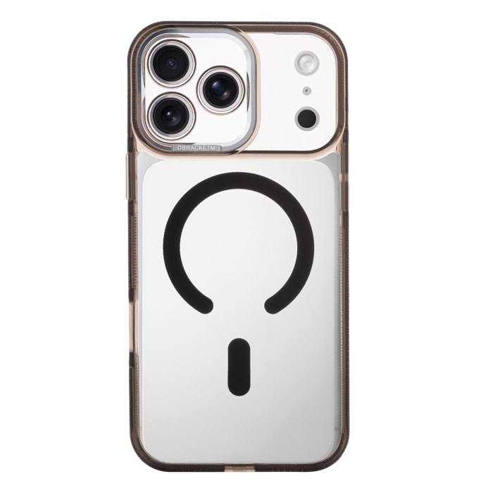 Carcasa transparente con cámara cubierta y bordes negros. Magsafe para iPhone 17 Pro Max.