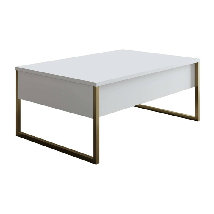Tavolino da salotto Lavinia, Tavolo basso da caffè, Portariviste per divano, Ripiano da soggiorno, 90x60h40 cm, Bianco e Oro