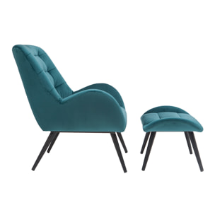 Fauteuil et repose-pieds design en tissu velours bleu pétrole et métal noir ZOE