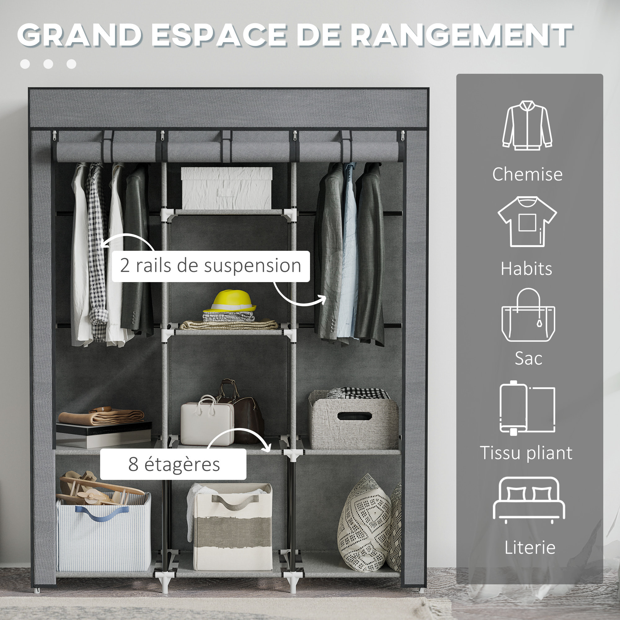 Armoire penderie multi-rangement - 8 étagères, 2 barres - dim. 125L x 43l x 162,5H cm - acier noir non tissé gris