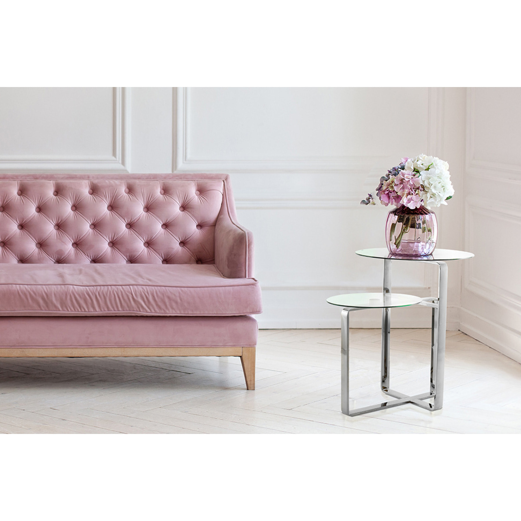Tavolino di design Catrice 125 con doppi ripiani in vetro e acciaio