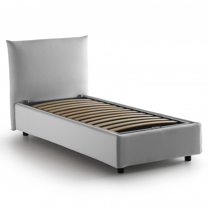 Letto singolo Marina, Letto contenitore con rivestimento in tessuto, 100% Made in Italy, Apertura laterale, adatto per materasso Cm 80x190, Bianco