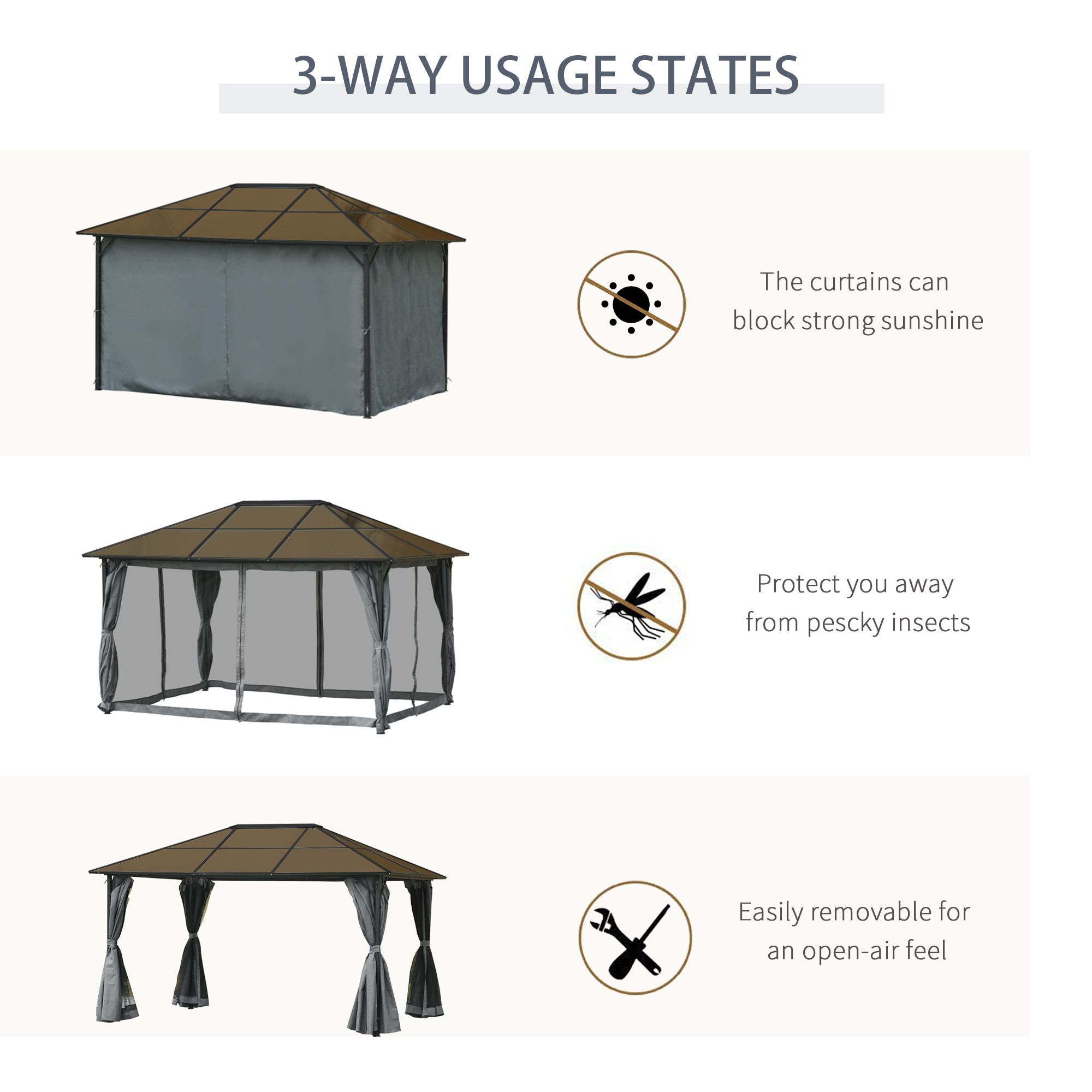 Pavillon de jardin tonnelle rigide dim. 4L x 3l x 2,65H m 4 parois latérales anti-UV gris 4 moustiquaires zippées alu. métal polycarbonate noir brun