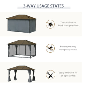Pavillon de jardin tonnelle rigide dim. 4L x 3l x 2,65H m 4 parois latérales anti-UV gris 4 moustiquaires zippées alu. métal polycarbonate noir brun