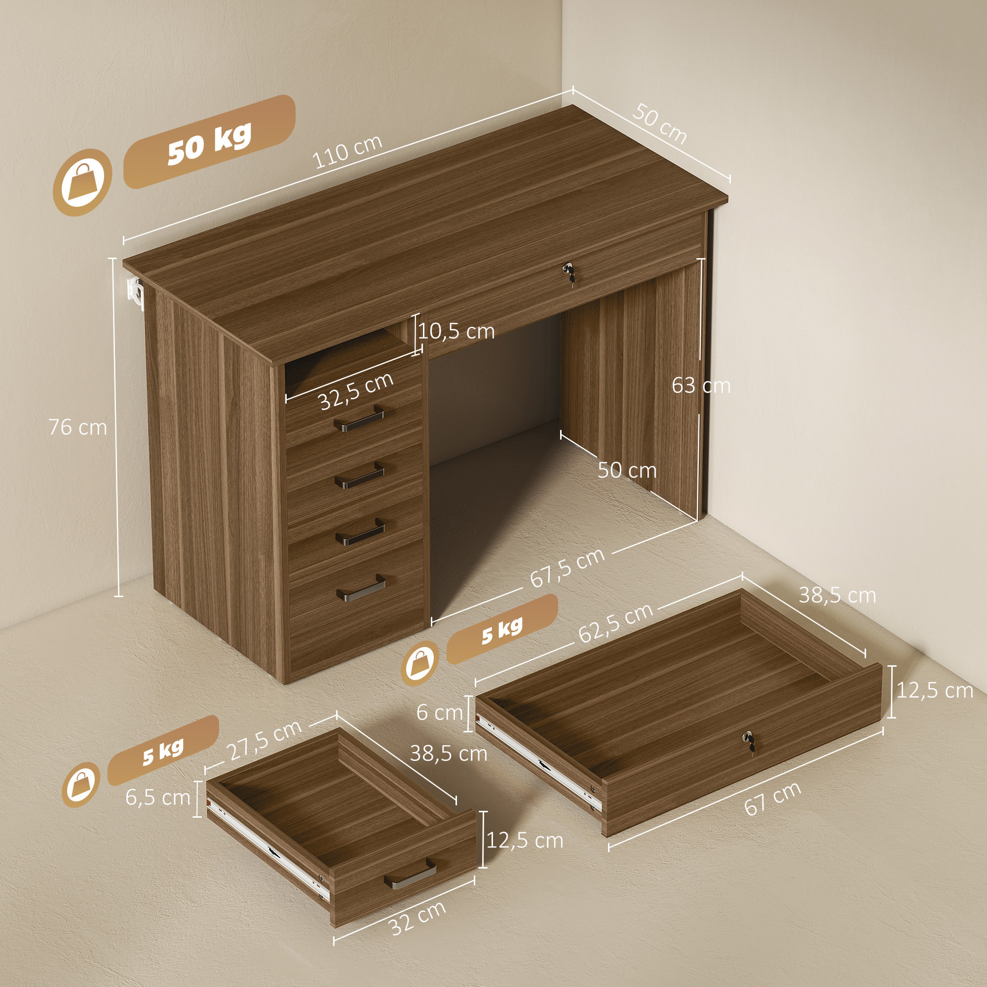 Bureau informatique multimédia multi-rangement 5 tiroirs niche 110L x 50l x 76H cm noyer