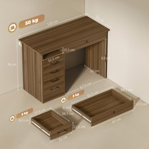 Bureau informatique multimédia multi-rangement 5 tiroirs niche 110L x 50l x 76H cm noyer