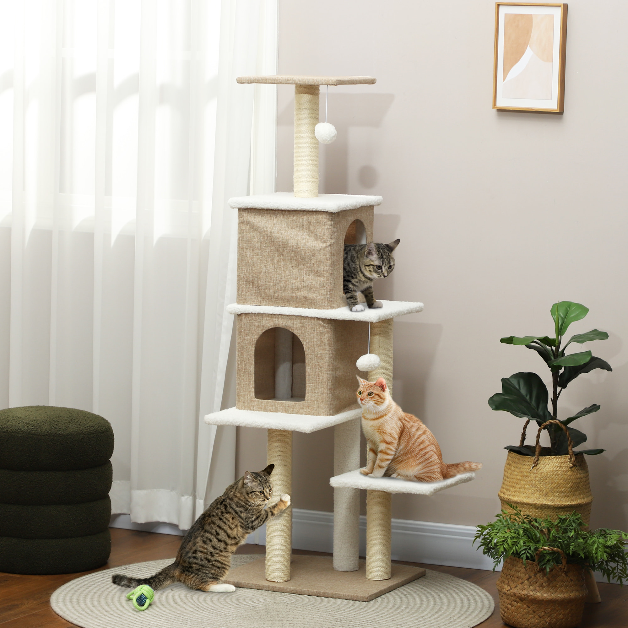 Árbol Rascador para Gatos de Borreguito Altura 140 cm Árbol para Gatos Torre para Gatos con 2 Nidos Plataformas Bolas Colgantes y Poste de Sisal Marrón Claro