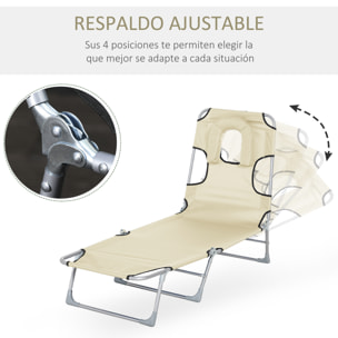 Tumbona Reclinable Plegable Jardín con Reposacabezas y Respaldo Ajustable Beige