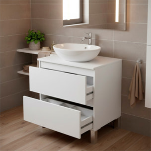 Mobile Bagno Sotto Lavabo Da Appoggio 2 Cassetti Salvaspazio Con Guide Metalliche E Gambe In Alluminio Design Moderno 63.5 x 60 x 40 Cm Bianco Lucido