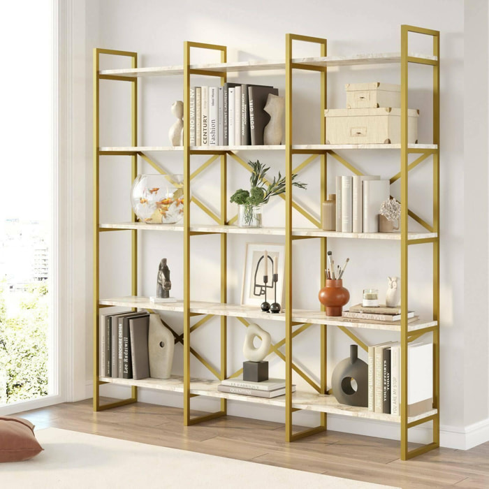 Libreria Dpezzott, Scaffale da ufficio, Mobile portalibri, Biblioteca, 170x30h175 cm, Bianco e Oro