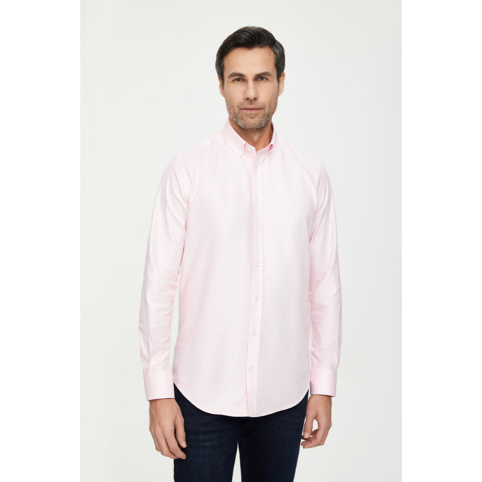 Camicia Uomo 1 Bottone Button Down Slim Oxford Unito Rosa