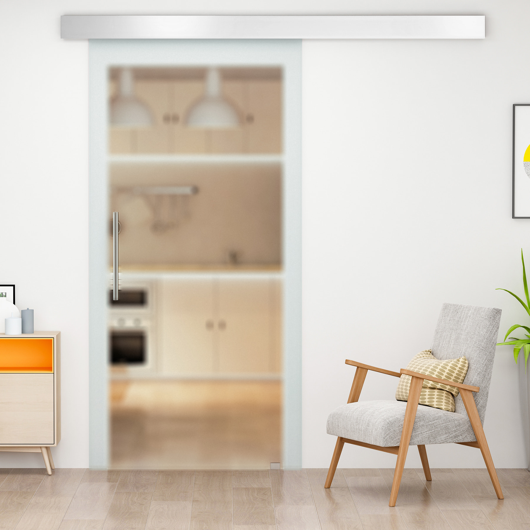 Puerta Corredera 77,5x205 cm Puerta Corrediza de Cristal con Riel Silenciosa para Sala de Estar Comedor Translúcido