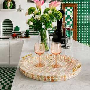 Plateau rond avec poignée en coquille de capiz rose ELORA