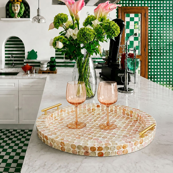 Plateau rond avec poignée en coquille de capiz rose ELORA