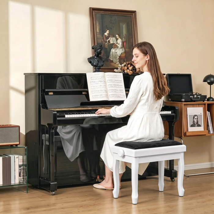 Banc de Piano, Tabouret Piano Réglable en Hauteur 45-56 cm, Siège Rembourré en Velours, Blanc