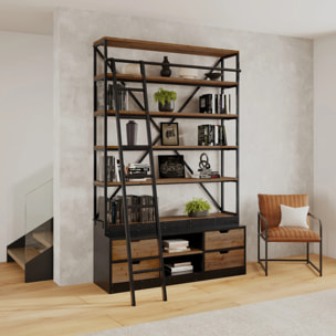 Bibliothèque 160 cm en bois et métal avec échelle, 4 tiroirs - Kasi