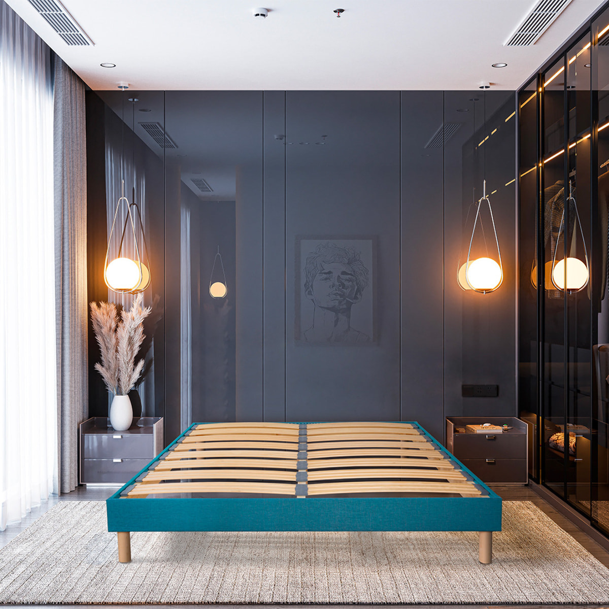 Sommier Lumière Technologie Tri-Lattes, tissu turquoise, Bois Épicéa, H30 cm, Lattes Actives, Aération Optimale