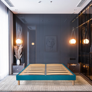 Sommier Lumière Technologie Tri-Lattes, tissu turquoise, Bois Épicéa, H30 cm, Lattes Actives, Aération Optimale