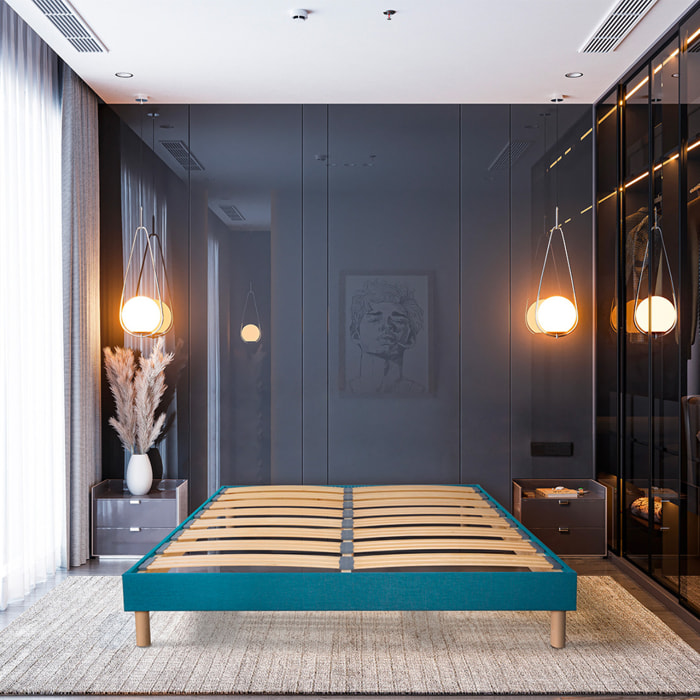 Sommier Lumière Technologie Tri-Lattes, tissu turquoise, Bois Épicéa, H30 cm, Lattes Actives, Aération Optimale