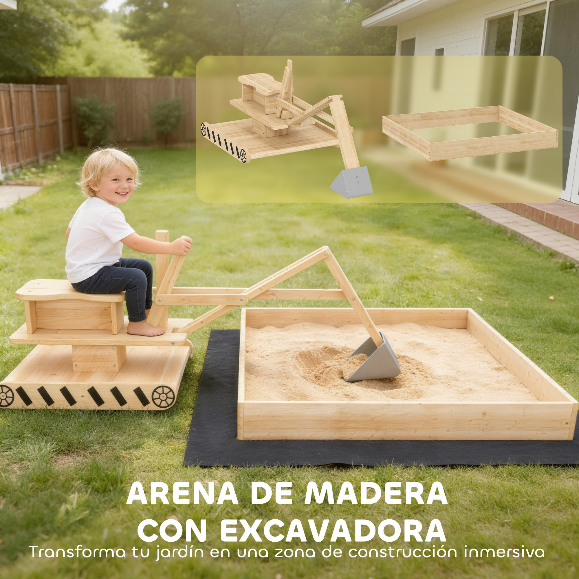 Arenero para Niños de Madera con Excavadora, Arenero Infantil con Asiento Giratorio 360° y Forro de Tela no Tejida, sin Motor, Caja de Arena para Niños de 3-6 Años, 184x90x56 cm, Natural