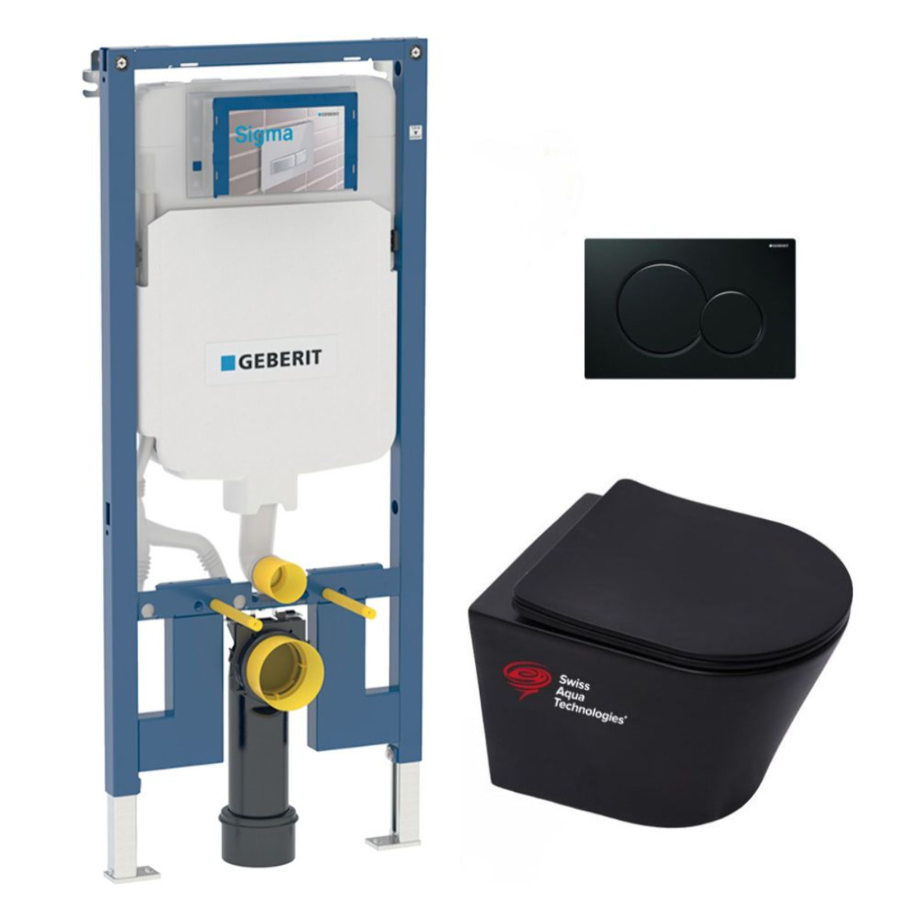 Pack WC bati-support Geberit + WC  Swiss Aqua Technologies sans bride + abattant softclose + plaque (SLIMBLINFIASP)