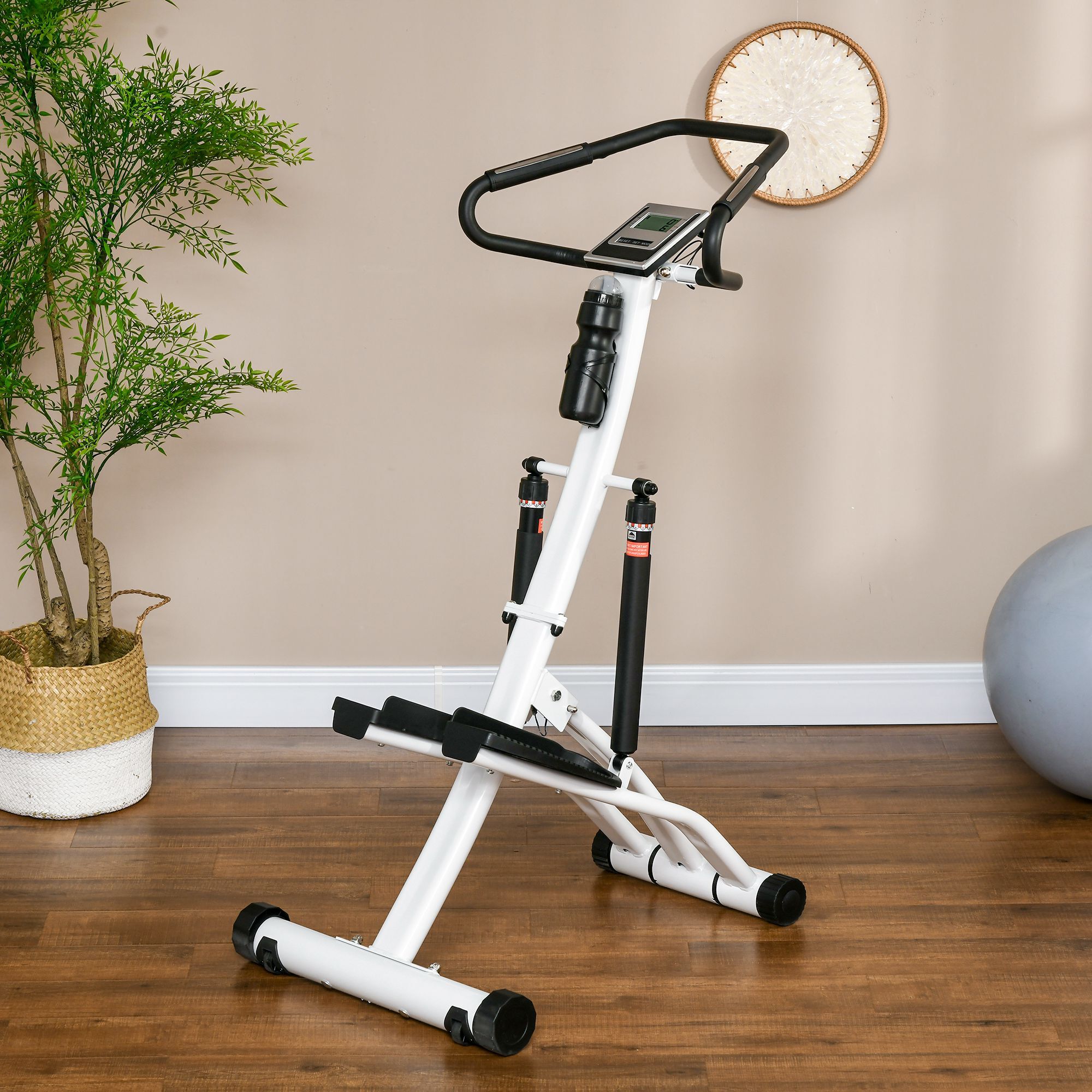 Stepper fitness pliable réglable - stepper avec guidon écran LCD multifonction porte-bouteille 2 roulettes acier blanc