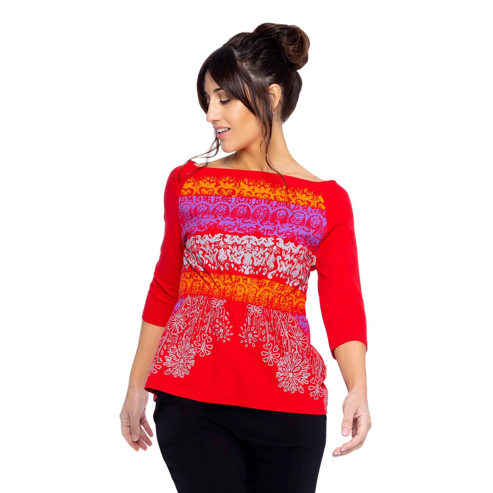 Mamatayoe Top Allegro Para Mujer, Manga Tres Cuartos, Escote Barco, Rojo