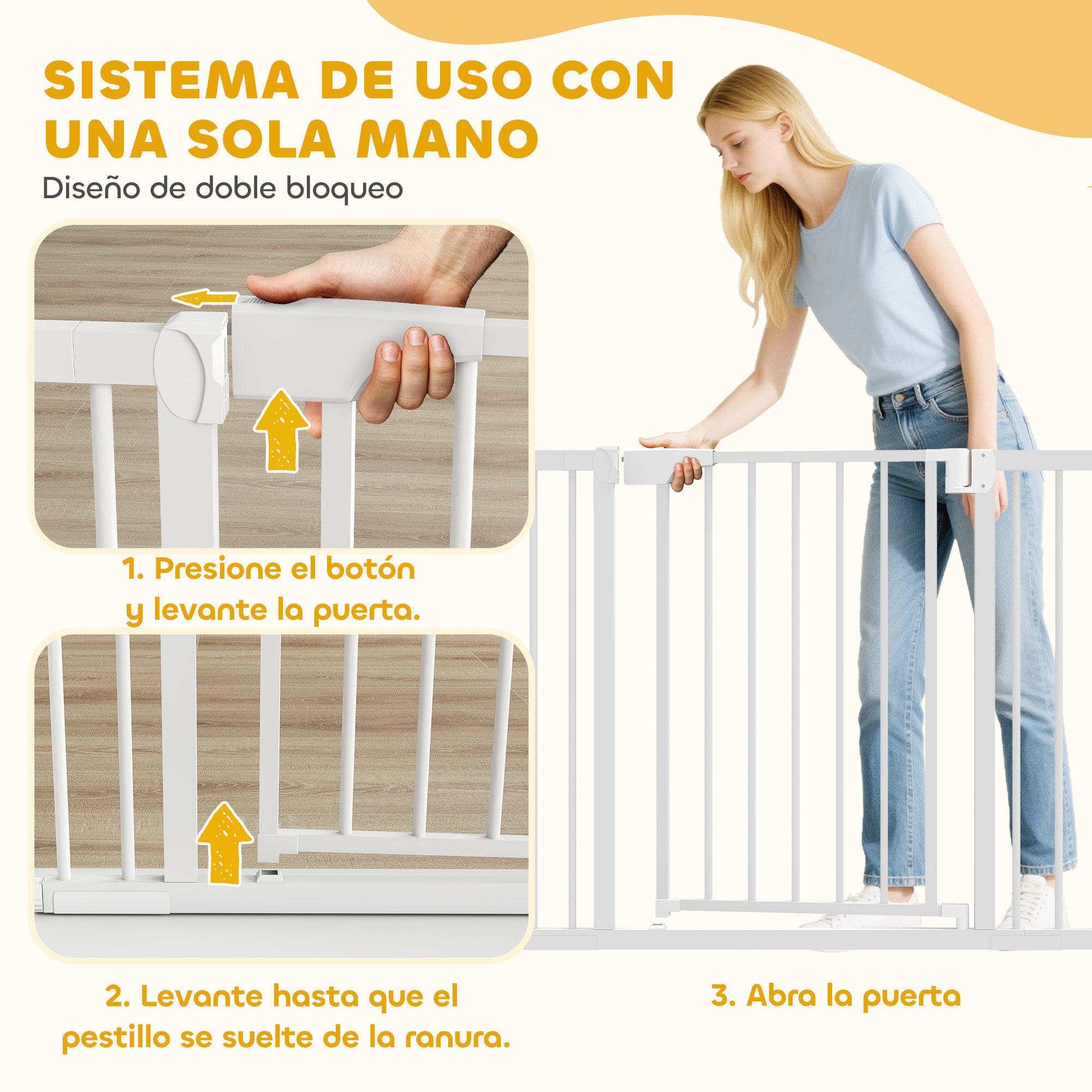 Barrera de Seguridad para Niños y Perros, Extensible 76-103 cm, Puerta para Perros, Bloqueo Doble, Cierre Automático, Apertura Dos Sentidos, Montaje a Presión, 2 Extensiones 7/14 cm, Blanco