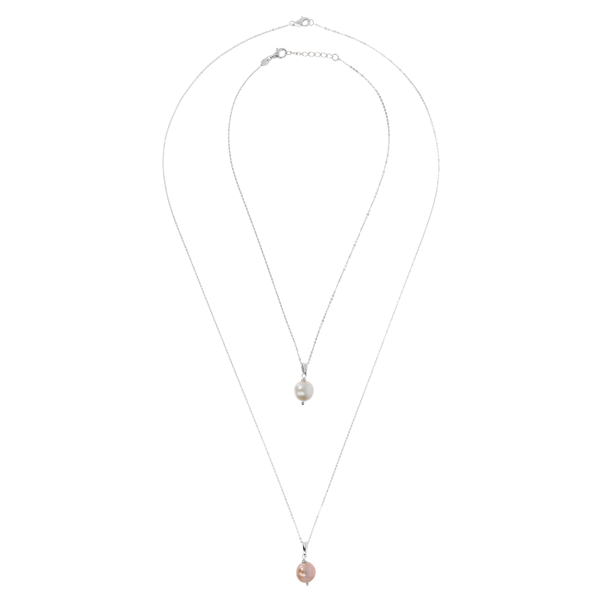 PERLAVIVA - Set di Due Collane in Argento 925 placcato Oro Bianco 18kt con Perla Ming Bianca e Rosa d'Acqua Dolce Ø12/13 mm