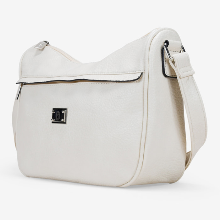Bolso bandolera beige con bolsillo frontal y logo