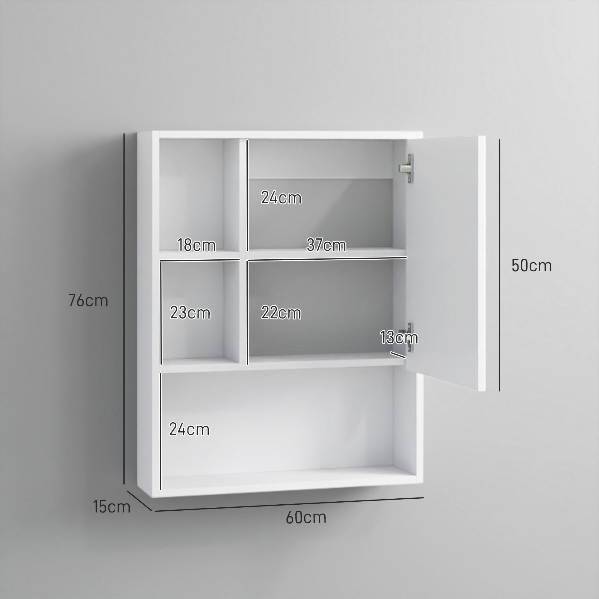 Armoire murale miroir salle de bain porte étagère 3 niches 60 x 15 x 76 cm blanc